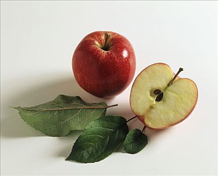 红苹果,一半,叶子
