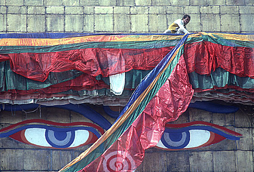 尼泊尔,悬挂,大,旗帜,佛塔,加德满都