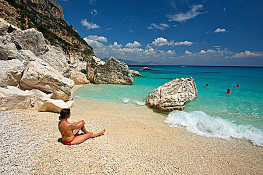 女人,躺着,海滩,湾,国家公园,萨丁尼亚,意大利,欧洲