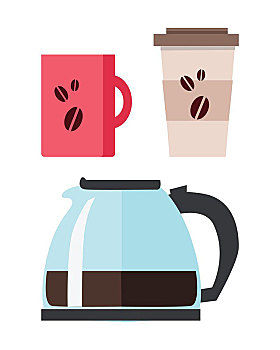 咖啡机,杯子,蓝色,咖啡杯,公寓,设计,隔绝,白色背景,背景,纸杯,咖啡,热,喝,时间,休息时间,概念,矢量,插画