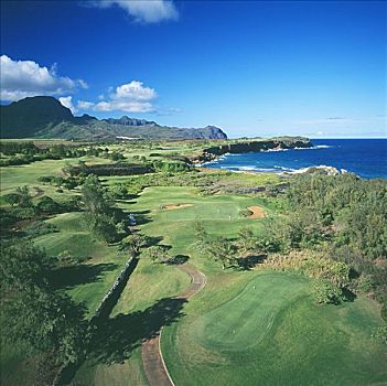 夏威夷,考艾岛,坡伊普,高尔夫球场,场地,海洋,俯视