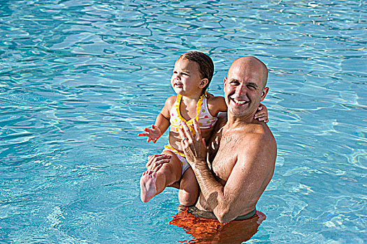 父亲,女儿,享受,游泳池