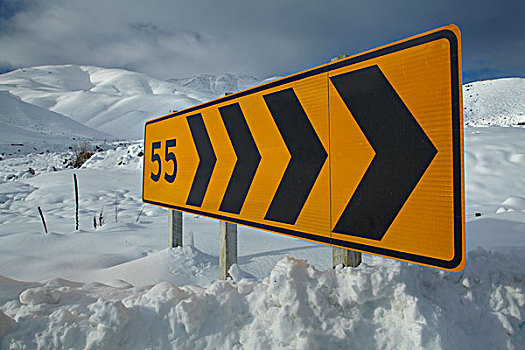 角,警告标识,公路,冬天,奥塔哥,南岛,新西兰