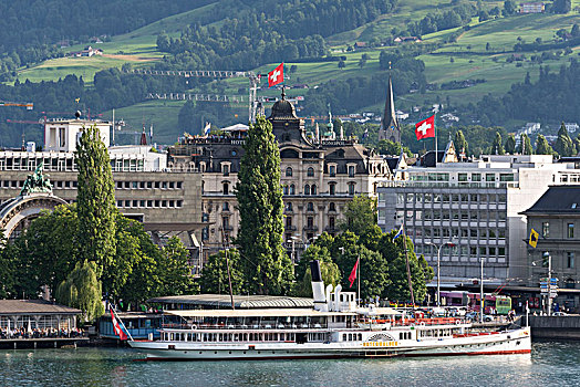 桨轮船,正面,老城,琉森湖,瑞士