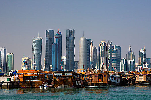 卡塔尔,多哈,城市,传统,船,西部,湾,天际线