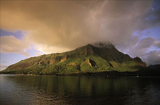 风景,塔希提岛,日落,云量