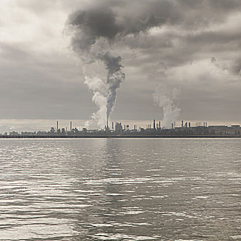 暗色,烟,炼油厂,上升,天空,安娜克蒂斯,普吉特湾