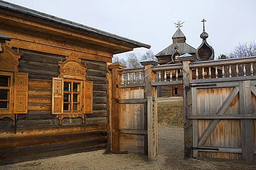 俄罗斯,西伯利亚,靠近,伊尔库茨克,露天博物馆,木质,建筑,房子