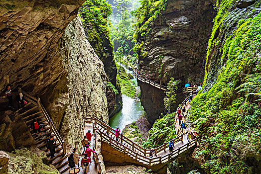 武隆龙水峡峡谷地缝的步道