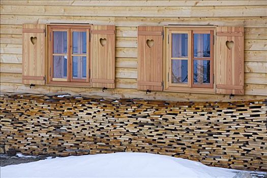 木堆,窗户,木屋,冬天,施蒂里亚,奥地利,欧洲