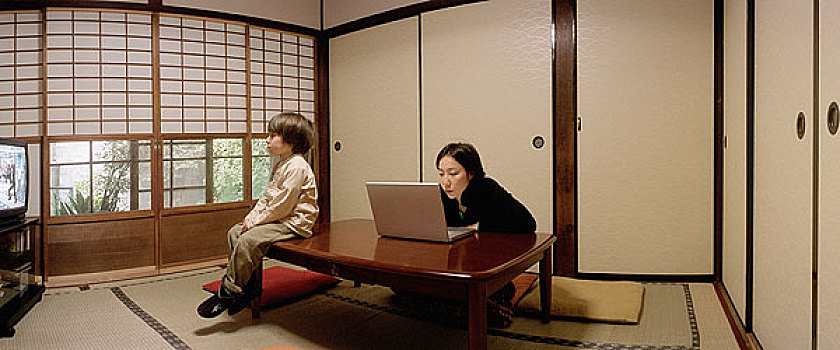 母亲,儿子,传统,日本,客厅