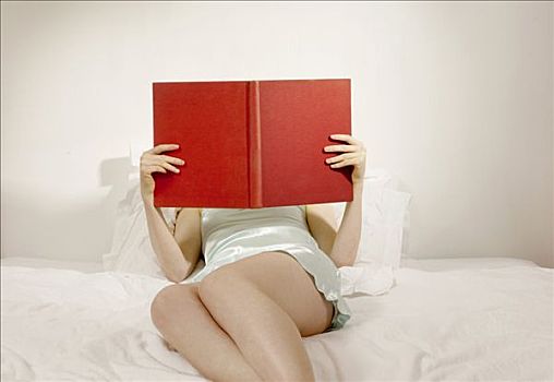 女人,读,书本,床上