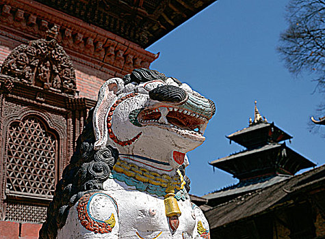 狮子,雕塑,庙宇,杜巴广场,加德满都,尼泊尔
