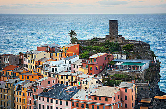 维纳扎,建筑,岩石上,上方,海洋,五渔村,意大利
