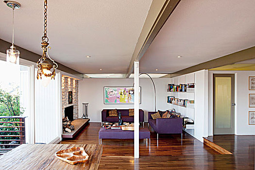 现代,室内,展示,屋顶,紫色,沙发,休闲沙发,区域