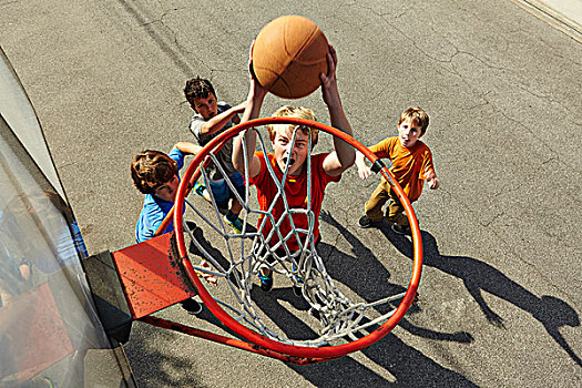 男孩,玩,篮球,俯拍