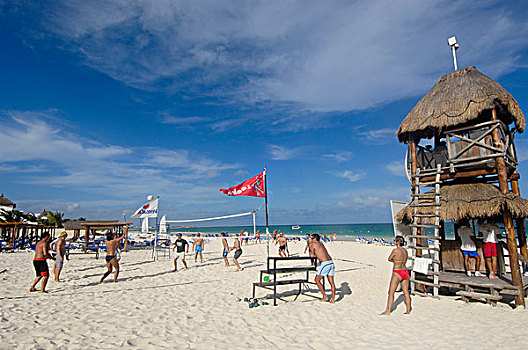 人,玩,海滩,排球,马雅里维拉,尤卡坦半岛,墨西哥