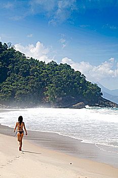 南美,巴西,绿色,海岸,哥斯达黎加,圣保罗,模特,走,海滩,东南,大西洋,树林,伸展,沙子,远景