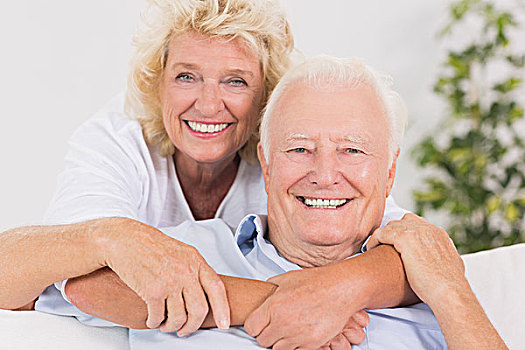高兴,老年夫妇,头像,搂抱,沙发