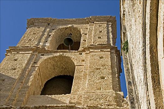 教堂钟,悬挂,拱形,老,石头,教堂塔,卡拉布里亚,意大利南部