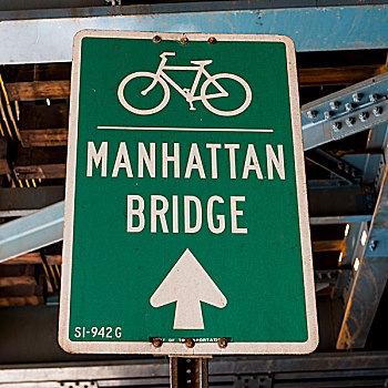 自行车道,路标,曼哈顿大桥,曼哈顿,纽约,美国