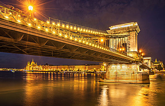 链索桥,光亮,夜晚,多瑙河,匈牙利,布达佩斯