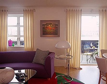 紫色,沙发,靠近,灰色,钢铁,玻璃,边桌