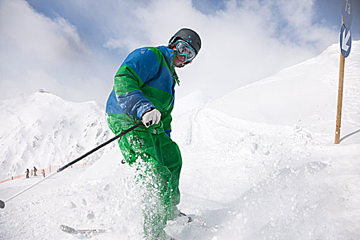 男人,滑雪道,下坡,停,正面,摄影,灰尘,雪