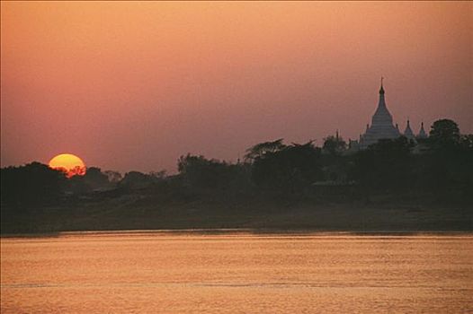 日落,上方,河,伊洛瓦底江,传说,缅甸