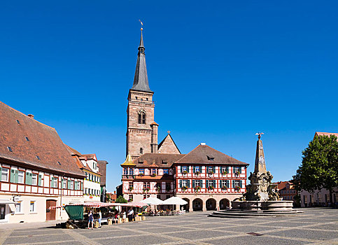 喷泉,市政厅,教堂,中间,弗兰克尼亚,巴伐利亚,德国,欧洲