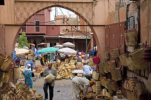 摩洛哥,玛拉喀什,马希地区,篮子,编织物,包,销售,香料市场