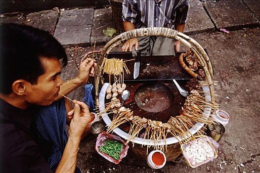 缅甸,仰光,男人,享受,街道,食物,市场,中国人