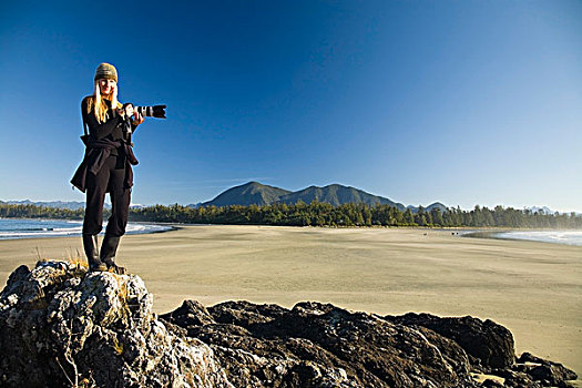 女人,相机,海滩,不列颠哥伦比亚省,加拿大