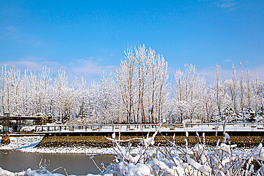 覆盖着厚厚的白雪的湖边观景平台