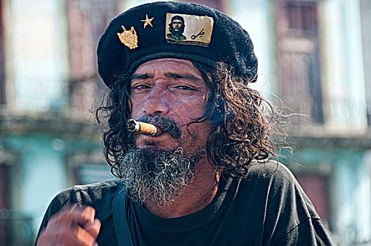 古巴,切-格瓦拉,贝雷帽,吸烟,雪茄