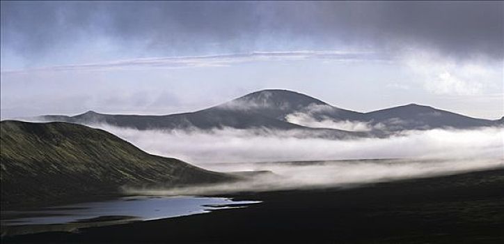 晨雾,上方,黑色,火山岩,沙漠,湖,冰岛
