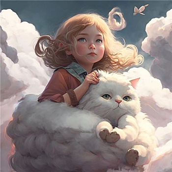 粉色云朵上的女孩和她的猫