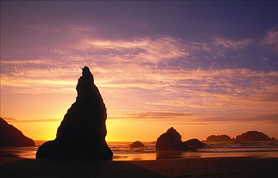 日落,上方,海滩,海浪,岩石构造,班顿海滩,俄勒冈海岸,俄勒冈,美国