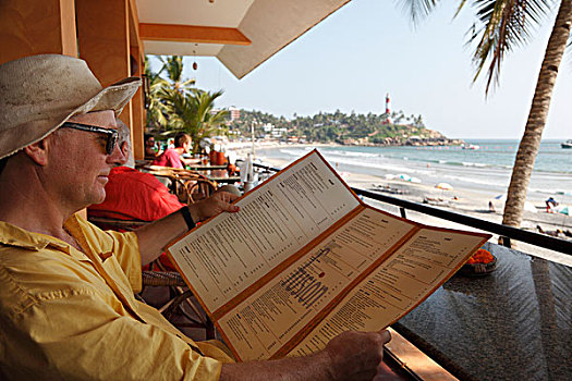 旅游,读,菜单,咖啡,灯塔,海滩,科瓦拉姆,海岸,喀拉拉,印度,亚洲