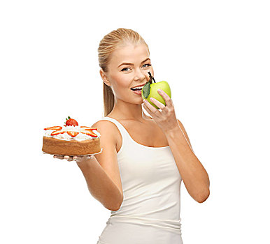 运动,女人,吃,苹果,拿着,蛋糕