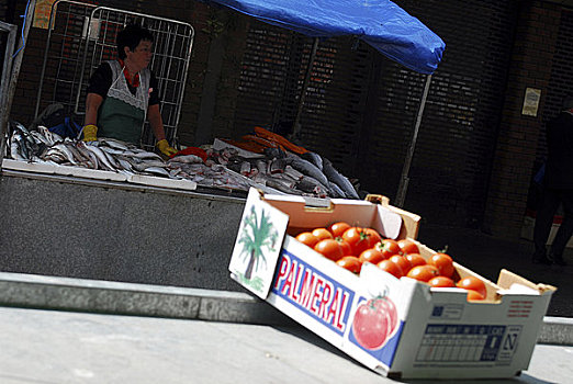爱尔兰,都柏林,街边市场,盒子,西红柿,鱼,货摊,背景