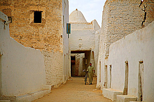 加达梅斯,利比亚,一个,男人,走,自行车,独特,泥,建筑,绿洲,老城