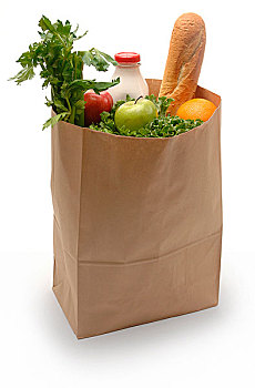 牛皮纸袋,食品杂货,白色背景