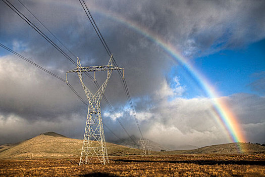 电线,彩虹,落日,积雨云,坎特伯雷,新西兰
