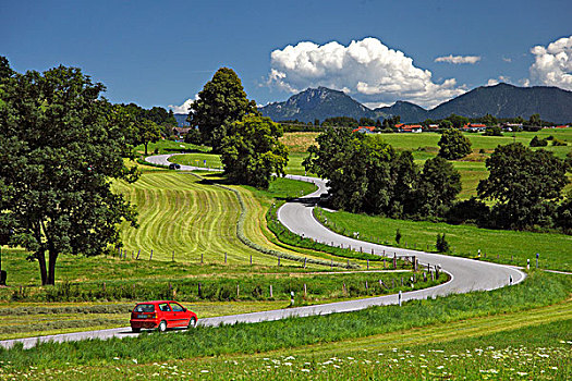 道路,红色,汽车,风景,夏天,湖,上巴伐利亚,巴伐利亚,德国,欧洲