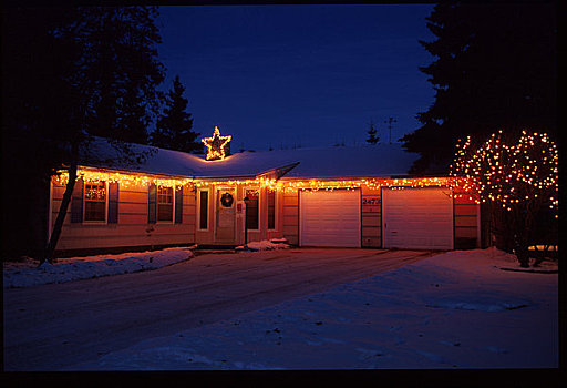 圣诞灯光,家,西部,阿拉斯加,冬天