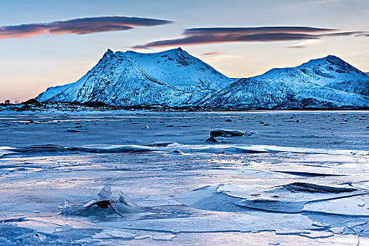 冰,海岸,黃昏,罗弗敦群岛,挪威,欧洲