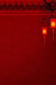 暗红色屋檐,墙,梅花,梅花枝,灯笼,祥纹,构建的中国风纹理背景