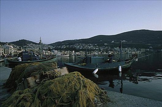 渔网,欧洲,城市,希腊,港口,萨摩斯岛,全景,早晨,黎明,湾,渔船,船,山
