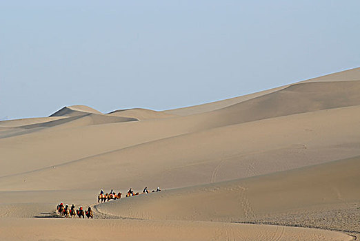 骆驼,驼队,游客,正面,沙子,沙丘,戈壁,沙漠,上升,名山,靠近,敦煌,丝绸之路,甘肃,亚洲